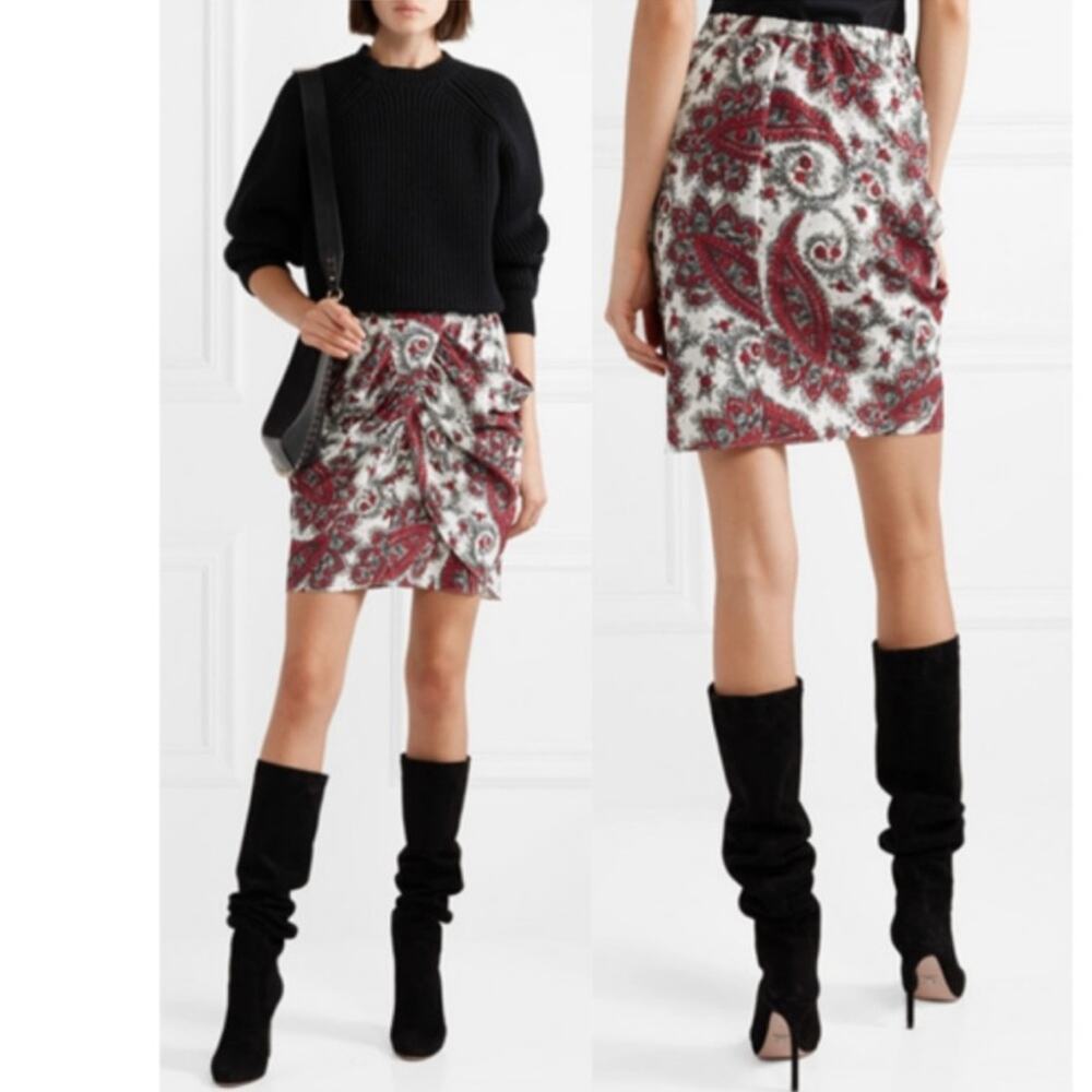 Isabel Marant Tilena White, Black & Red Paisley Print Gathered Mini Skirt Sz 40